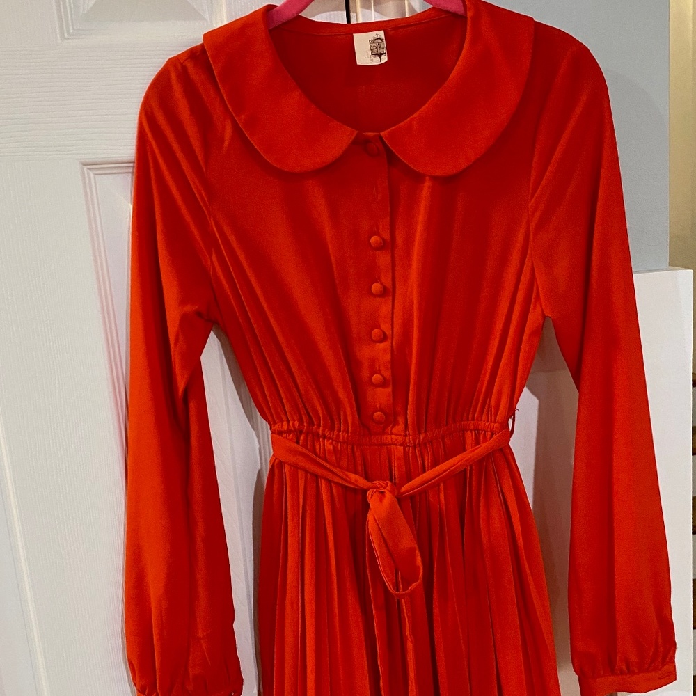 Red Pleated Full Dress with Peter Pan Collar